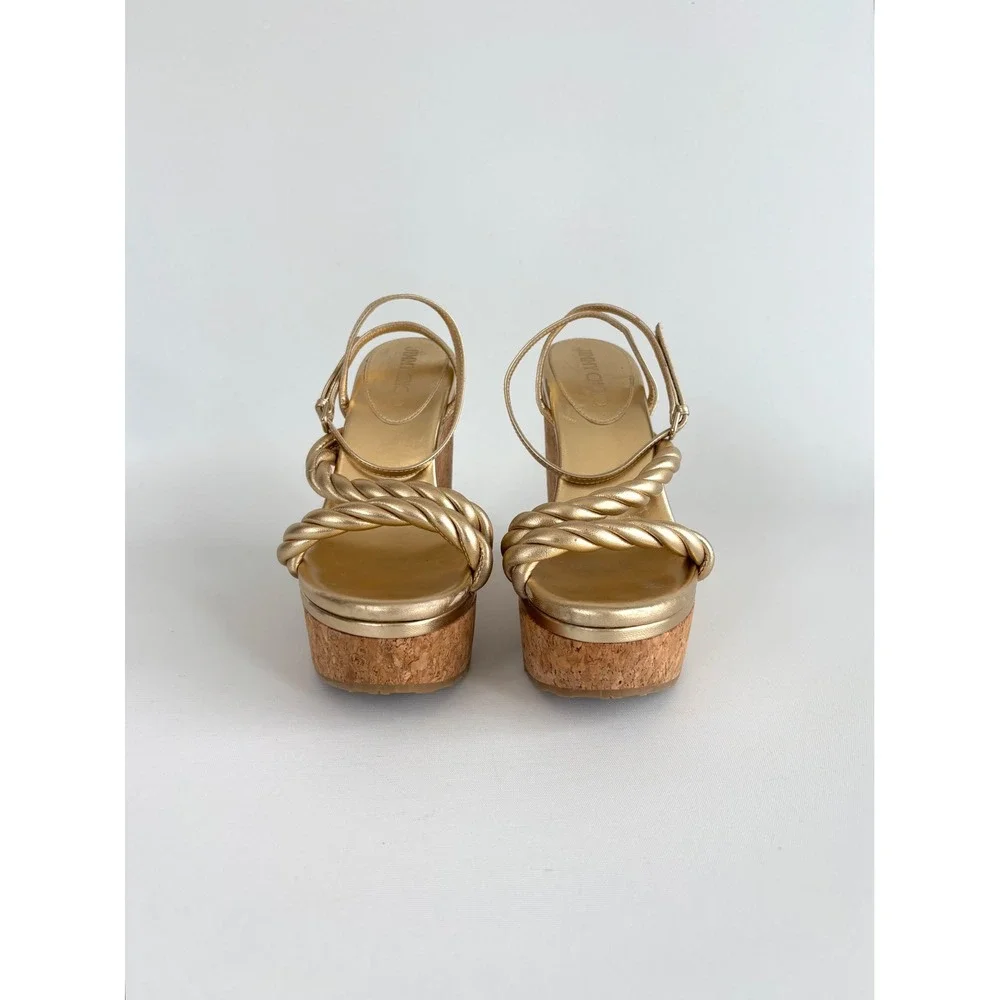 Jimmy Choo Gold Metallic Leather Twisted Strap Cork Wedge Sandals Size 38